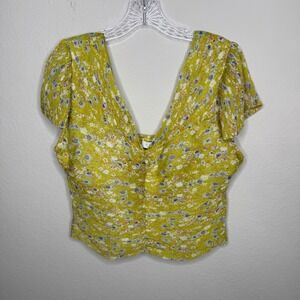 ASTR The Label Lime Yellow Floral Smocked V-Neck Top Size XL Nordstrom NWT